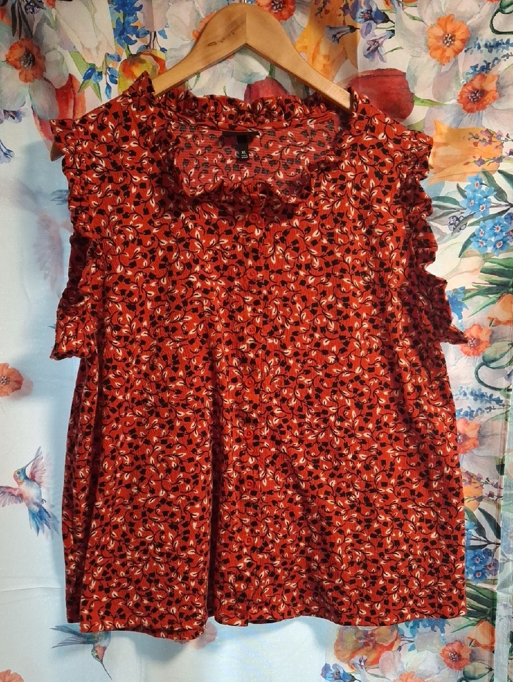 Who What Wear Red Floral Ruffle Sleeve Blouse Size Xl